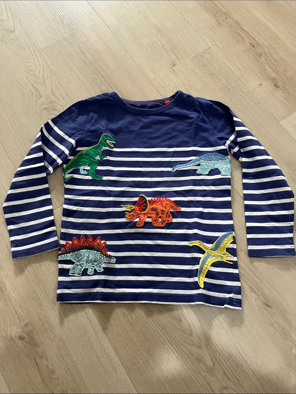 Mini Boden Navy & White Striped Long Sleeve Top with Colorful Dinosaur Appliqués